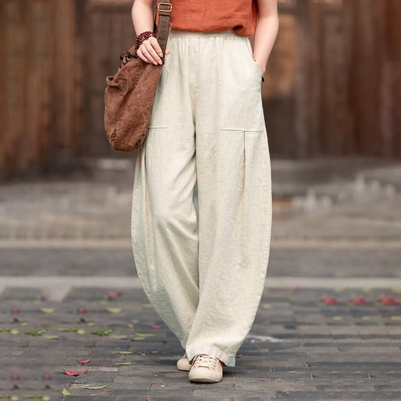 GILIGEGE Women Linen Pants Loose Fit Summer Pants Trousers Beach Pants for Womens Beach Vacation Clothes Baggy Trousers Solid Color Slacks 2026 Beach Travel Vacation Outfits Pull-On Pants Beige L