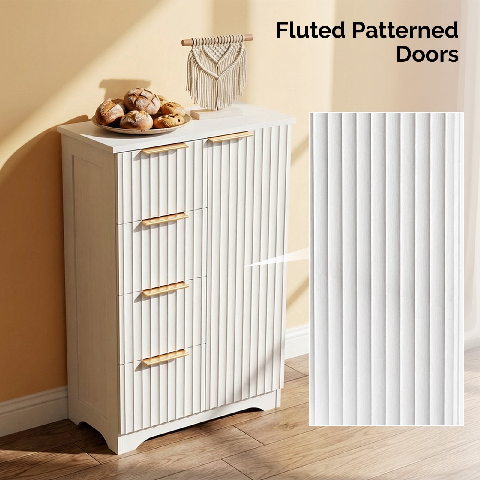 Ktaxon Modern Bathroom Floor Cabinet, Fluted Storage Cupboard with 4 Drawers & 1 Door, Freestanding Wooden Organizer for Bathroom, Living Room, White