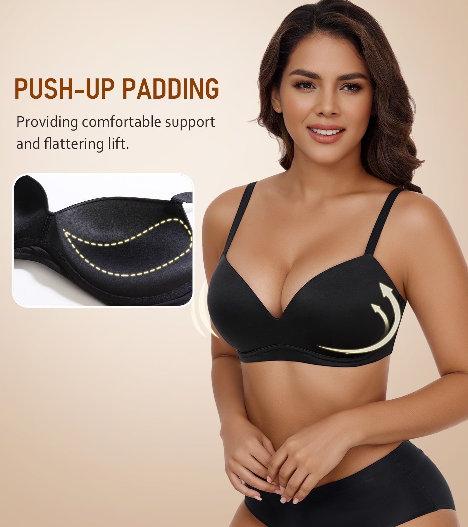 Exerin Women's Push Up Bra Wireless Comfortable Padded Plunge T-Shirt Bras(Black,36B)