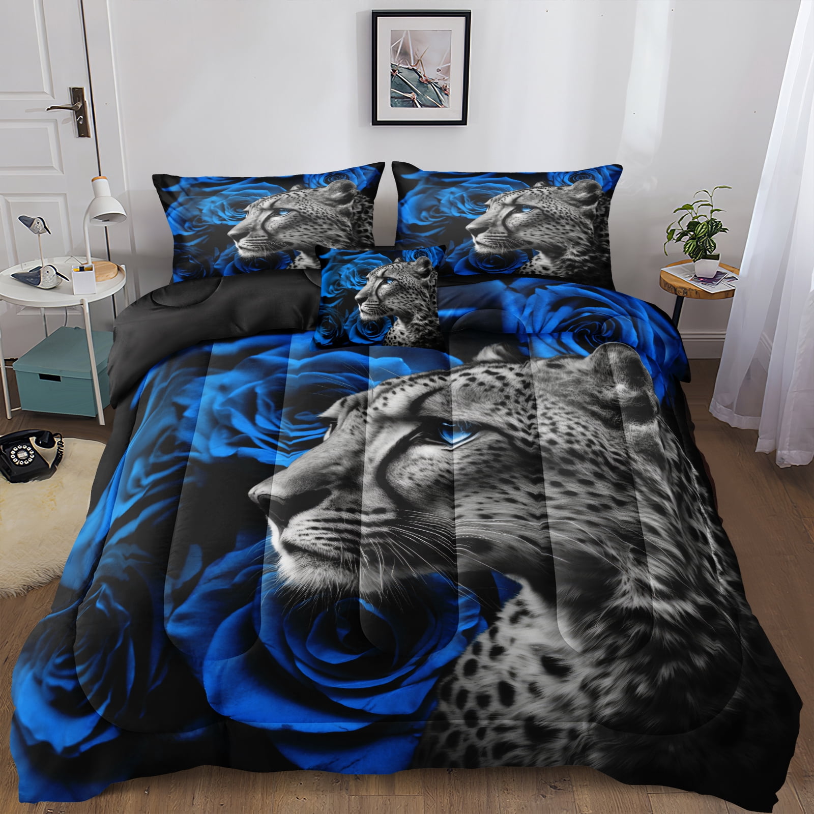 Move Over Cheetah Comforter Set 4 Pieces Blue Leopard Print Bedding Set Soft Microfiber Wild Animal and Blue Rose Bedding Set