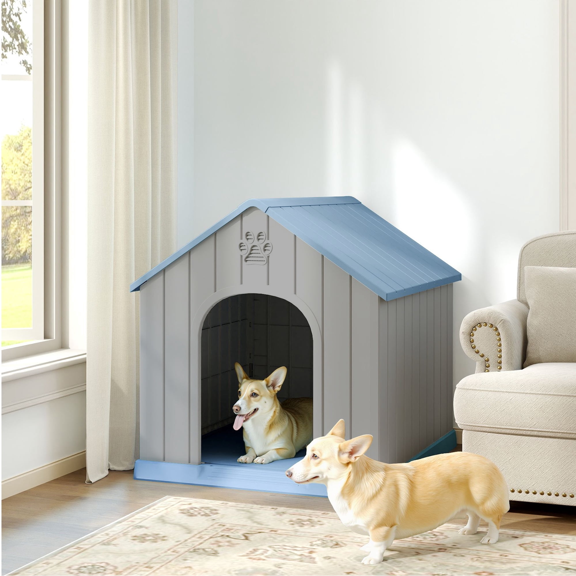 Yardgrace Large Dog House, PP Material Indoor Outdoor for Medium Large Dogs, Weatherproof Shelter with Elevated Floor, Easy Clean and Assemble, Blue