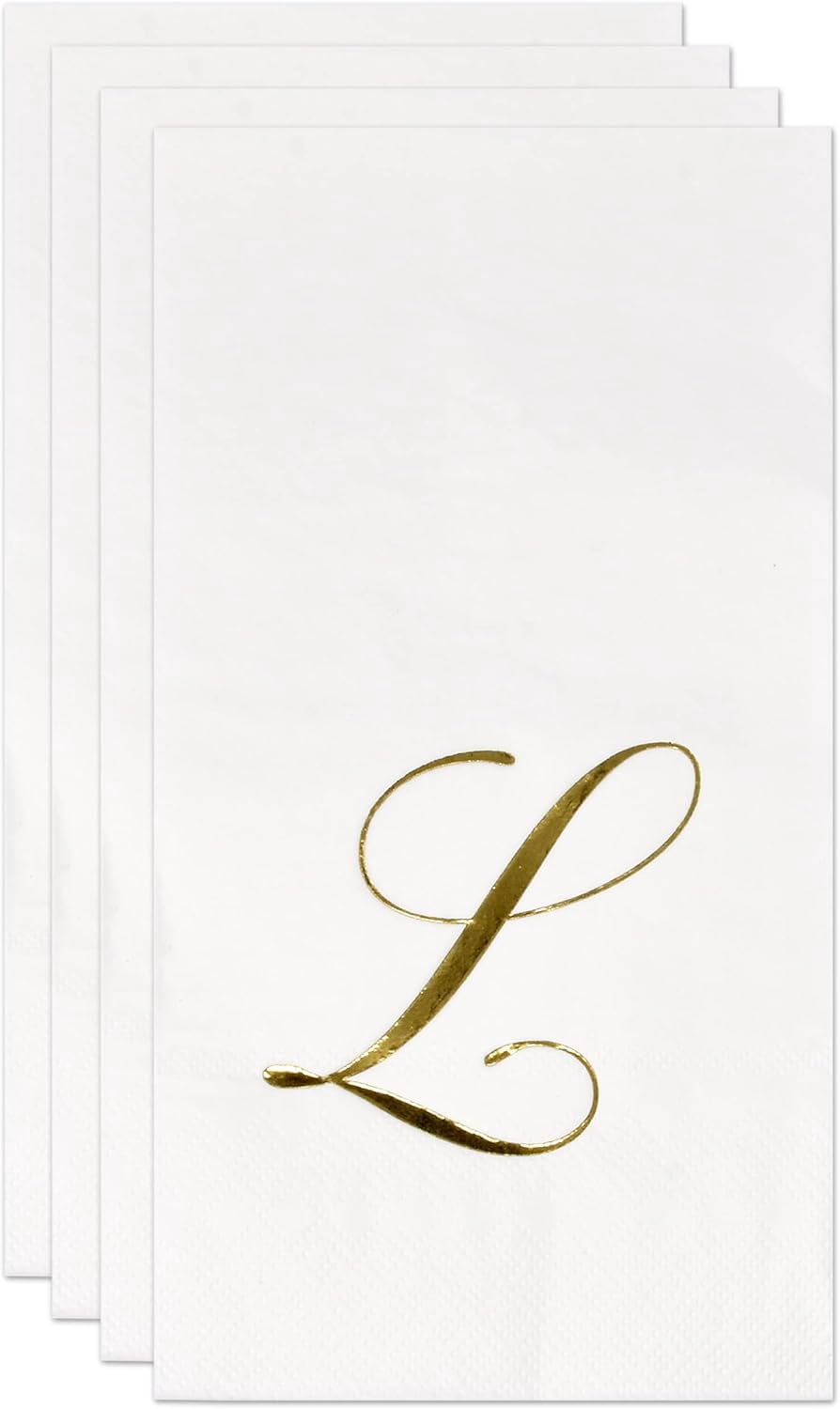 Gift Boutique Gold Monogram Guest Napkins Letter L, 100 Count 2-Ply Disposable Paper Napkins, White & Metallic Foil, 15 x 12.75 Inches