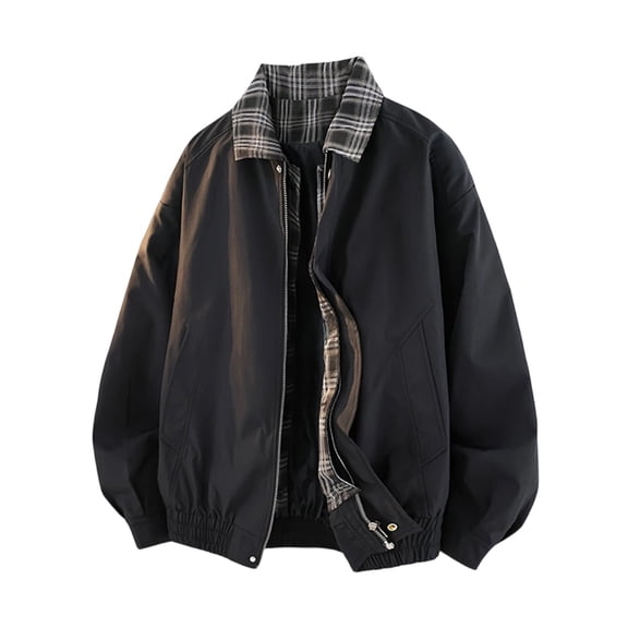 LYSMORA 2026 Men's Plaid Lined Bomber Jacket, Contrast Plaid Collar Elastic Hem Oversized Loose Fit Windproof Street Casual Outerwear