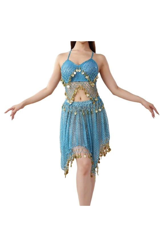 Belly Dance Scarf with Crop Top Set, Sequined Fringe Skirt Glittering Bra Tops Sky Blue One Size