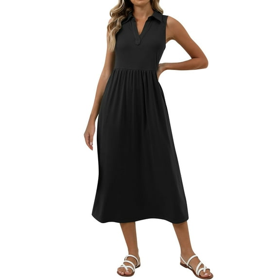 Sakmal Polo Spring Dresses for Women 2025 Pleated A Line Long Black Dress Dresses with Pockets