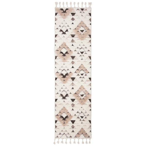 SAFAVIEH Moroccan Tassel Larry Geometric Shag Runner Rug, Ivory/Brown, 2'3" x 16'