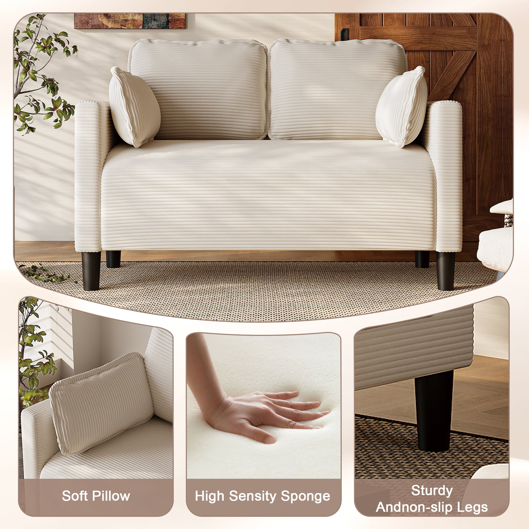 Jopath Sofa 48" Soft Corduroy Loveseat Couch W/Soft Cushions,Side Storage Pocket,Sturdy Composite Board & Solid Wood Frame, High Rebound Sponge,Ideal For Living Room,Apartment,Dorm White