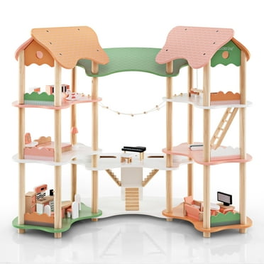 Topbuy Doll House 7 Rooms 3 Tiers Wooden Dollhouse with 31 Furniture Pieces Cute Family Pretend Play Dollhouse for Kids Aged 3  Doll House Playset for 3”-6” Dolls Gift for Kids