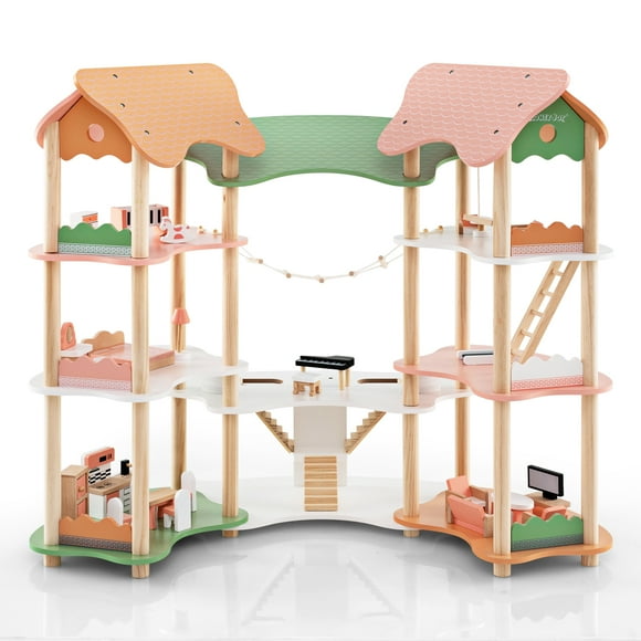 Patiojoy Doll House 7 Rooms 3 Tiers Wooden Dollhouse with 31 Furniture Pieces Cute Family Pretend Play Dollhouse for Kids Aged 3+ Doll House Playset for 3��-6�� Dolls Gift for Kids