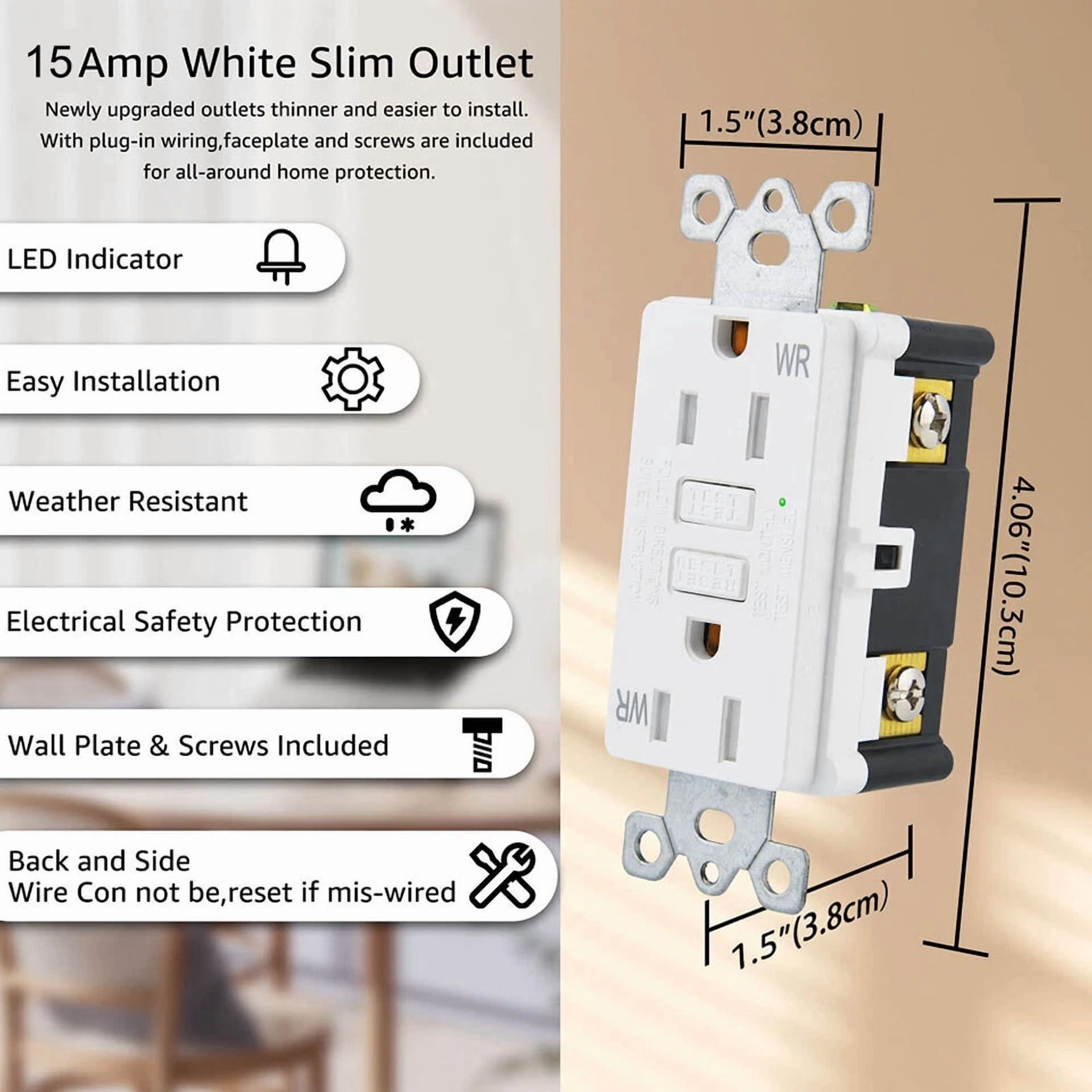 CIRCLE- Kingsale4U 15 Amp 125-Volt Slim Gfci Outlet White Receptacle