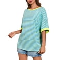 thumbnail image 3 of Summer Striped Print Women Oversized Tee Shirt Casual Color Block Half Sleeve Crew Neck Tops, 3 of 6