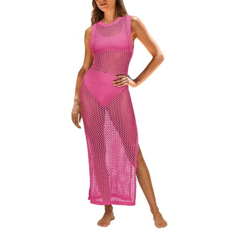MSJUHEG Crochet Beach Cover Up Swimsuit Coverup for Women Long Swimsuit Coverup for Women Beach Cover Up Boho Swimsuits for Women Mix & Match Plain Bikini Bandeau Top Swimwear Beachwear Hot Pink S