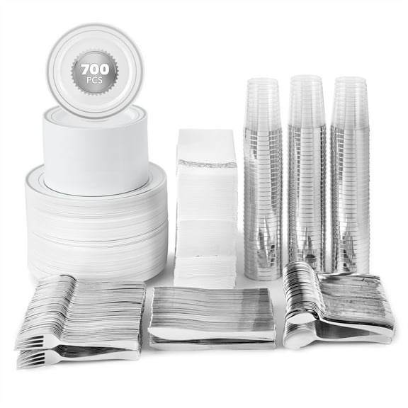 700 Piece Silver Dinnerware Set: 200 Silver-Rim Plastic Plates, 100 Silver Plastic Silverware, 100 Silver Plastic Cups, 100 Cloth-Like Silver Napkins, Bulk Wedding Plates Disposable Set 100 Guests
