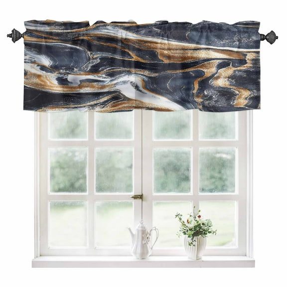 Navy Blue Brown Marble Kitchen Valances for Windows 60x18 Inch Kitchen Curtains Valances Rod Pocket Minimalist Abstract Art Bathroom Window Valances for Window Treatment Decor