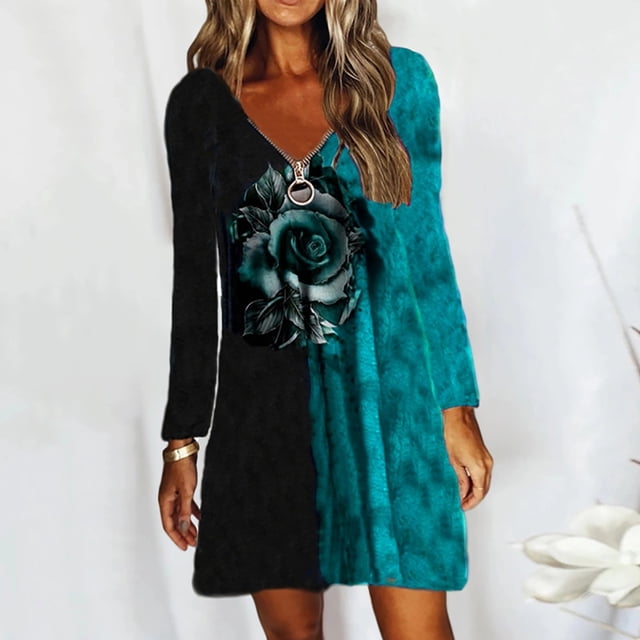 Robe Décontractée Mode Femme Col en V Manches Longues Imprimé Fleuri Ample