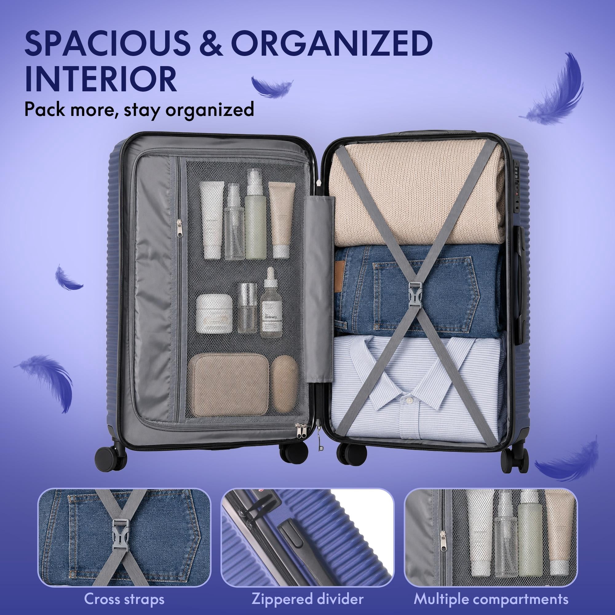 3-Piece ABS Hardshell Luggage Set, Lightweight Scratch-Resistant Suitcases with Silent Spinner Wheels & TSA Lock, Dark Blue