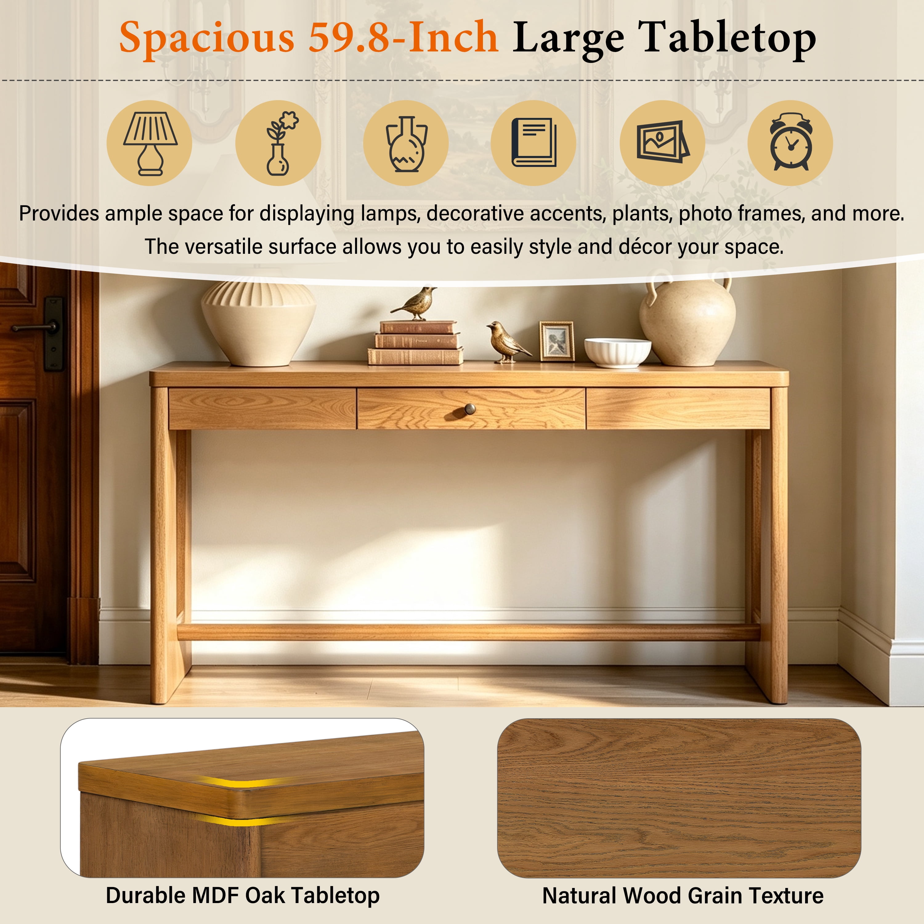 59.8" Wooden Entryway Table with Oak Veneer Retro Console Table With Drawer And Round Handle,Multi-Functional Sofa Table with oval cutout leg for Hallway, Entryway, Living Room