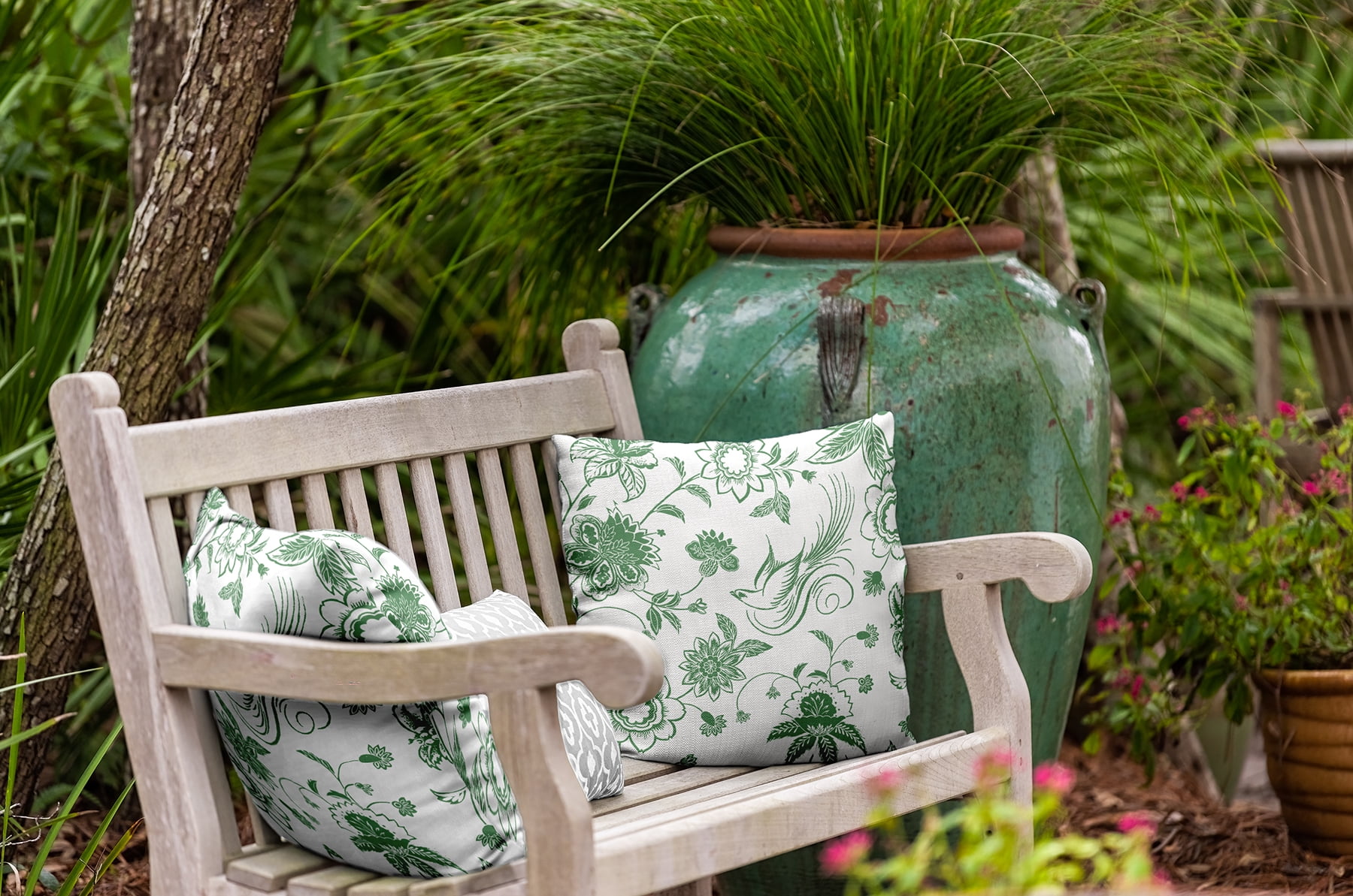 16" x 16" Simply Daisy Traditional Bird Floral Indoor/Outdoor Polyester Throw Pillow, Green Qty 1