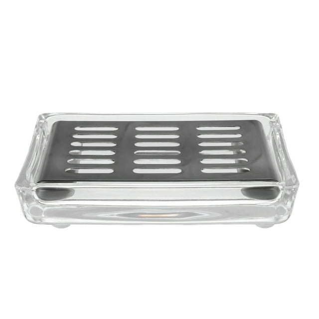 Jabonera de vidrio transparente con bandeja de acero inoxidable para baño, bandeja con orificio de drenaje para encimera de baño, ducha y cocina.