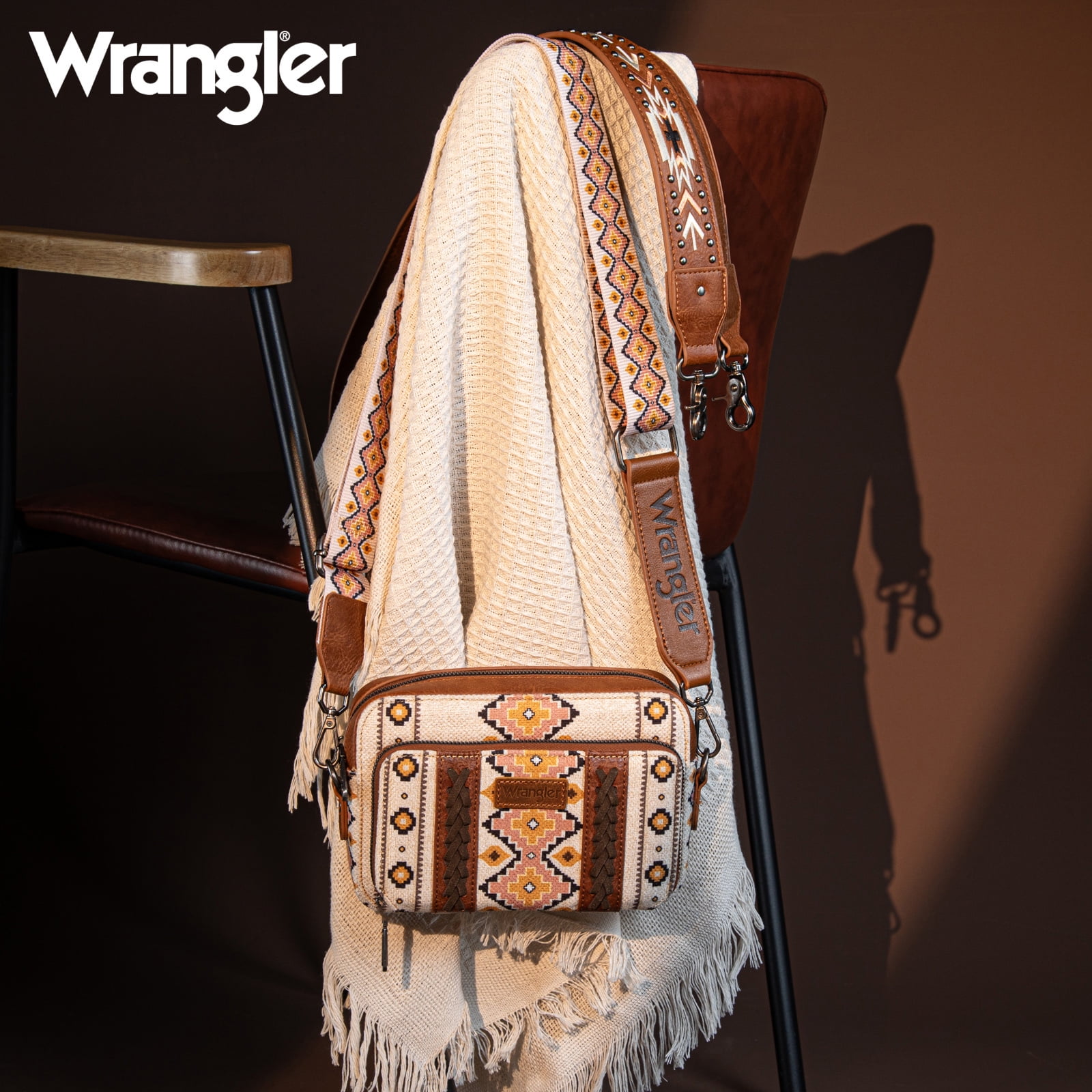 Wrangler Crossbody Bag for Women Boho Aztec Small Multi Pocket Crossover Purse, Coffee