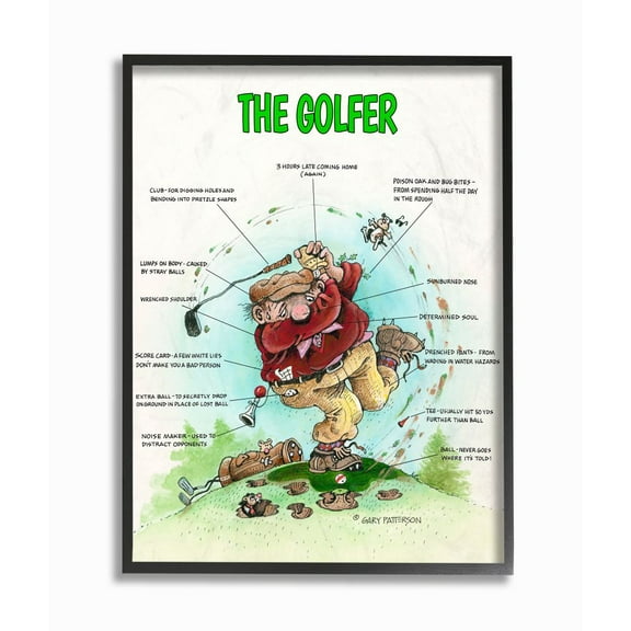 Stupell Industries The Golfer Funny Golf Cartoon Sports Design Graphic Art Black Framed Art Print Wall Art, 24x30, by Gary Patterson