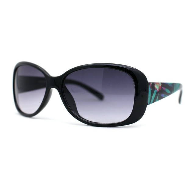 Kids Size Girls Classic 90s Designer Style Wrap Rounded Rectangle Sunglasses Black Green Flower Arm
