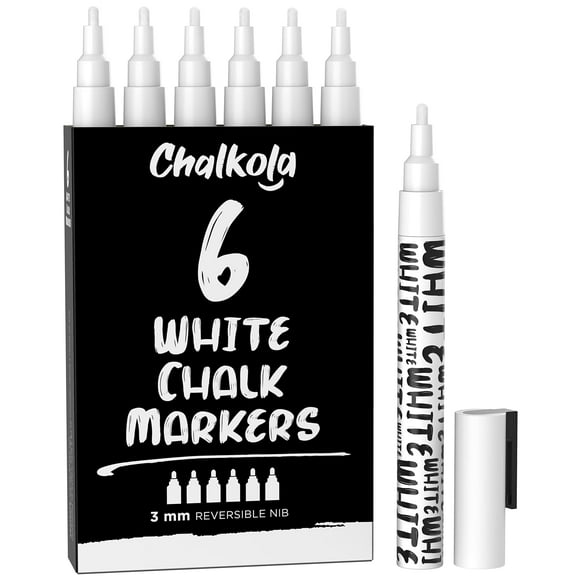 Chalkola White Chalk Markers - White Dry Erase Liquid Chalk Pens for Chalkboard, Blackboard, Window, Bistro, Car Glass, Board, Signs - 3mm Reversible Bullet & Chisel Point