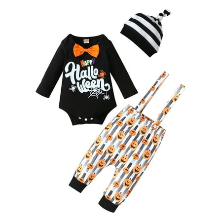

Canrulo Newborn Baby Boy Halloween Outfits Long Sleeve Romper Top+Pumpkin Bib Pants+Hat 3PCS Clothes Black 3-6 Months