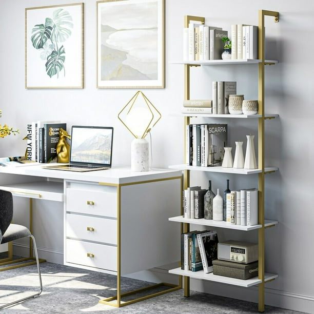 Shelves Ladder Shelf Wall, White And Gold Bookcase With Drawers