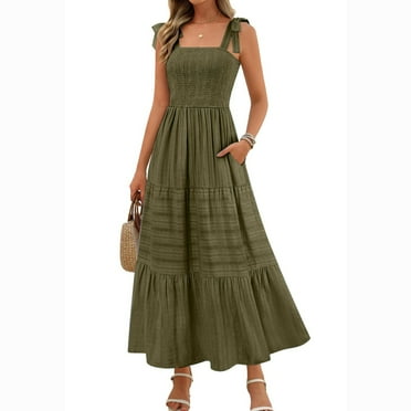 MIANHT Beach Dresses for Women Trendy Solid Color Off the Shoulder Mid-Length Dress Casual Slim Fit Sleeveless Dresses Summer Savings Clearance Army Green M