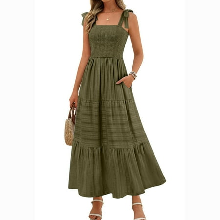 OSFVNOXV Summer Maxi Dress for Women Tie Front Smocked Dress,High Waisted Spaghetti Straps Boho Dress,Mid Calf Flowy Swing Beach Sundresses