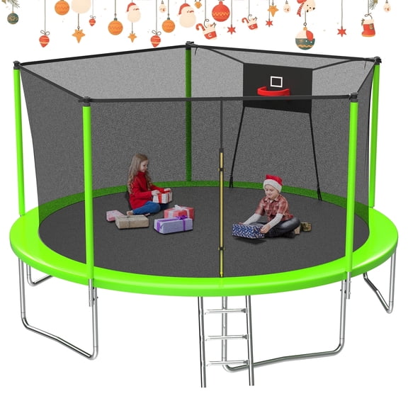 Kdymod 14ft Trampoline with Basketball Hoop, Ourdoor Upgraded Trampoline with Enclosure Net and Ladder for Kids, Green