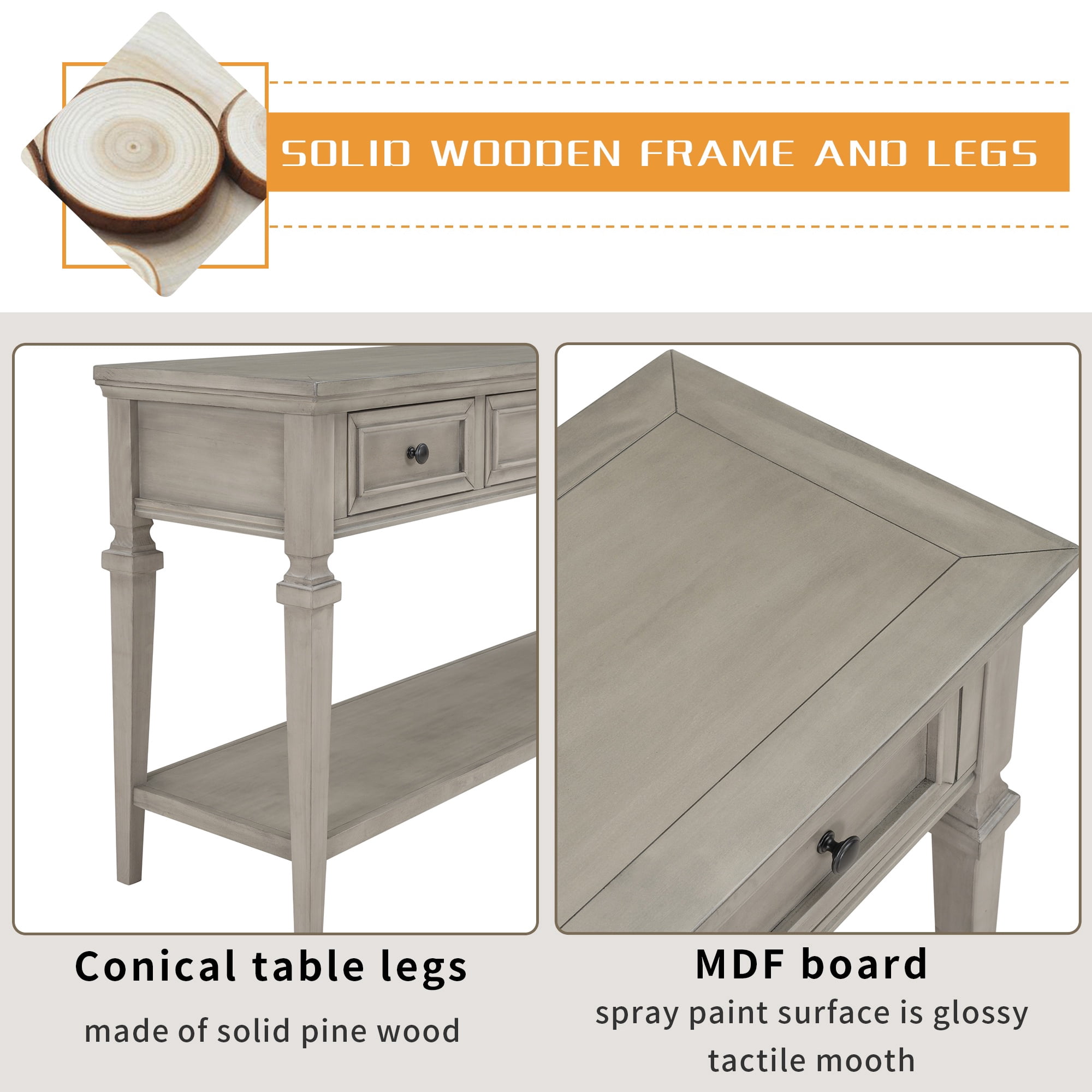 PORKISS 50" Console Table with 3 Storage Drawers, Narrow Long Entryway Table with Bottom Shelf, Vintage Sofa Table with Wood Frame for Living Room Entryway/Hallway/Foyer, Gray Wash