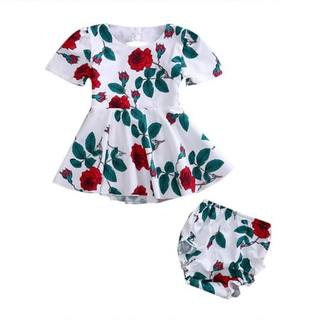 - Summer Infant Baby Girls Floral Backless Dress Sundress+Briefs 2Pcs sets Fashion Suits