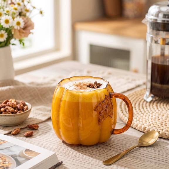 Rourlinge Pumpkin Spice Latte Glass Mug with Handle, Coffee Tea Cup for Halloween Fall Decor, Thanksgiving Table Centerpiece, Hot & Cold Drinkware, Insulated Thermal Glass Tumbler