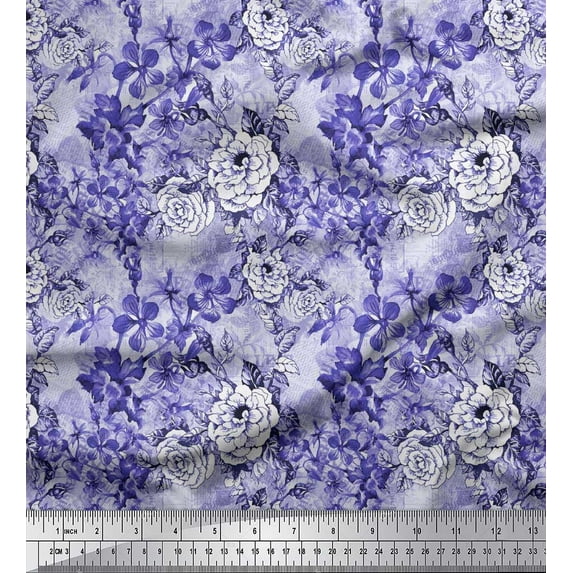 Soimoi Purple Moss Georgette Fabric Leaves,Periwinkle & Camellia Floral Printed Craft Fabric by the Yard 42 Inch Wide