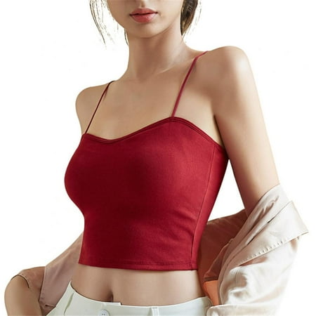 

Women s V Neck Spaghetti Strap Cami Padded Crop Tank Top with Built in Bra Casual Cotton Yoga Sports Bralette