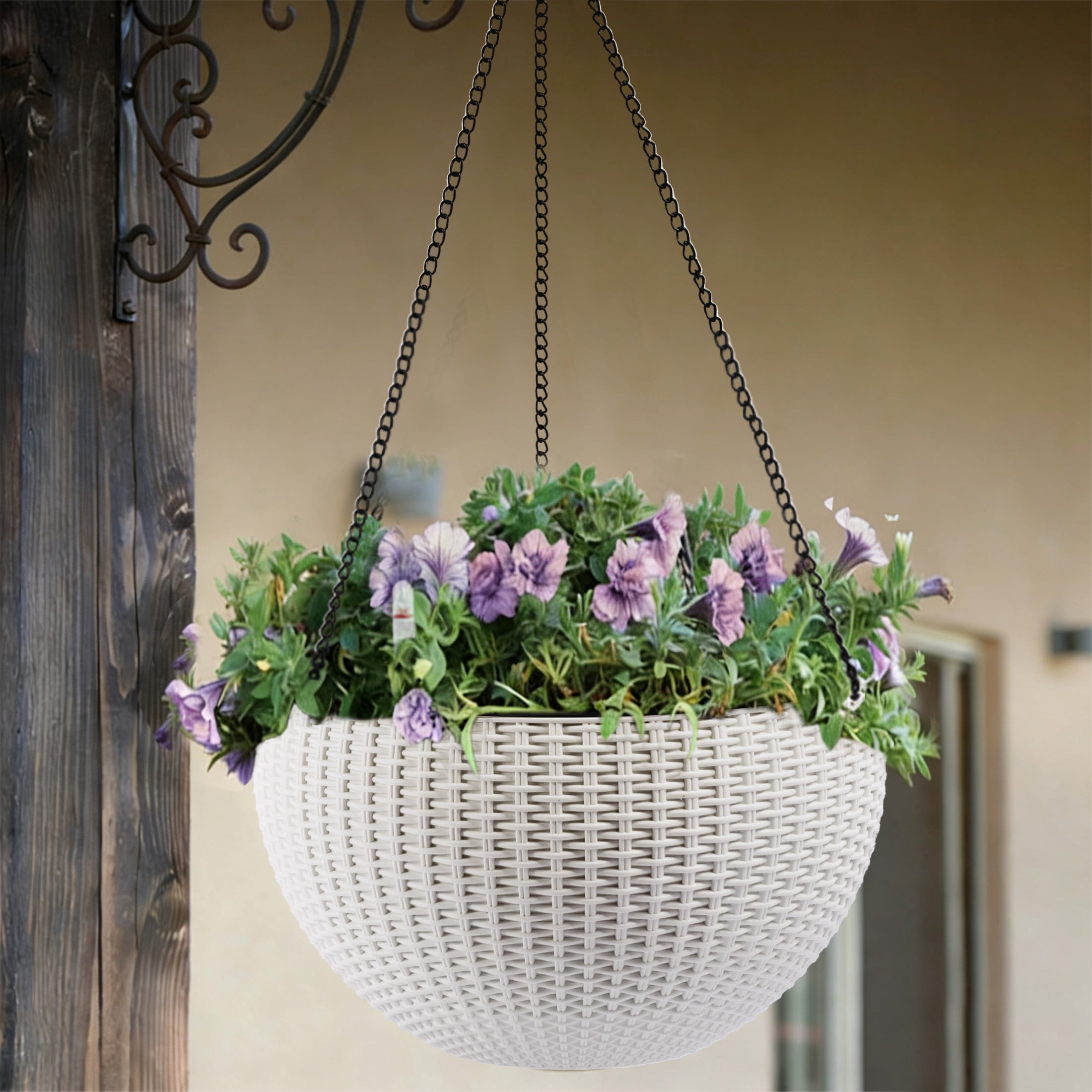 Noble House 2 Pack 13.4" Self-Watering Hanging Planters, Rattan-Style Flower Pots, White