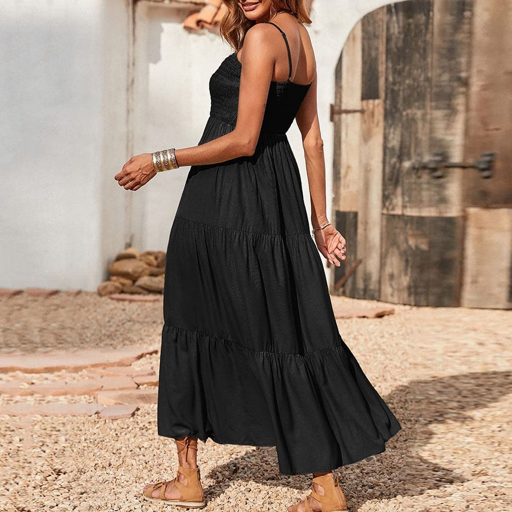TopLLC Robe d Ete pour les Femmes a la Mode Boho Robes en Vrac Bretelles Spaghetti Smocked Longues Bretelles Bandeau Elastique Maxi Robe Plage Robe de Mariee Robes d Invites Walmart