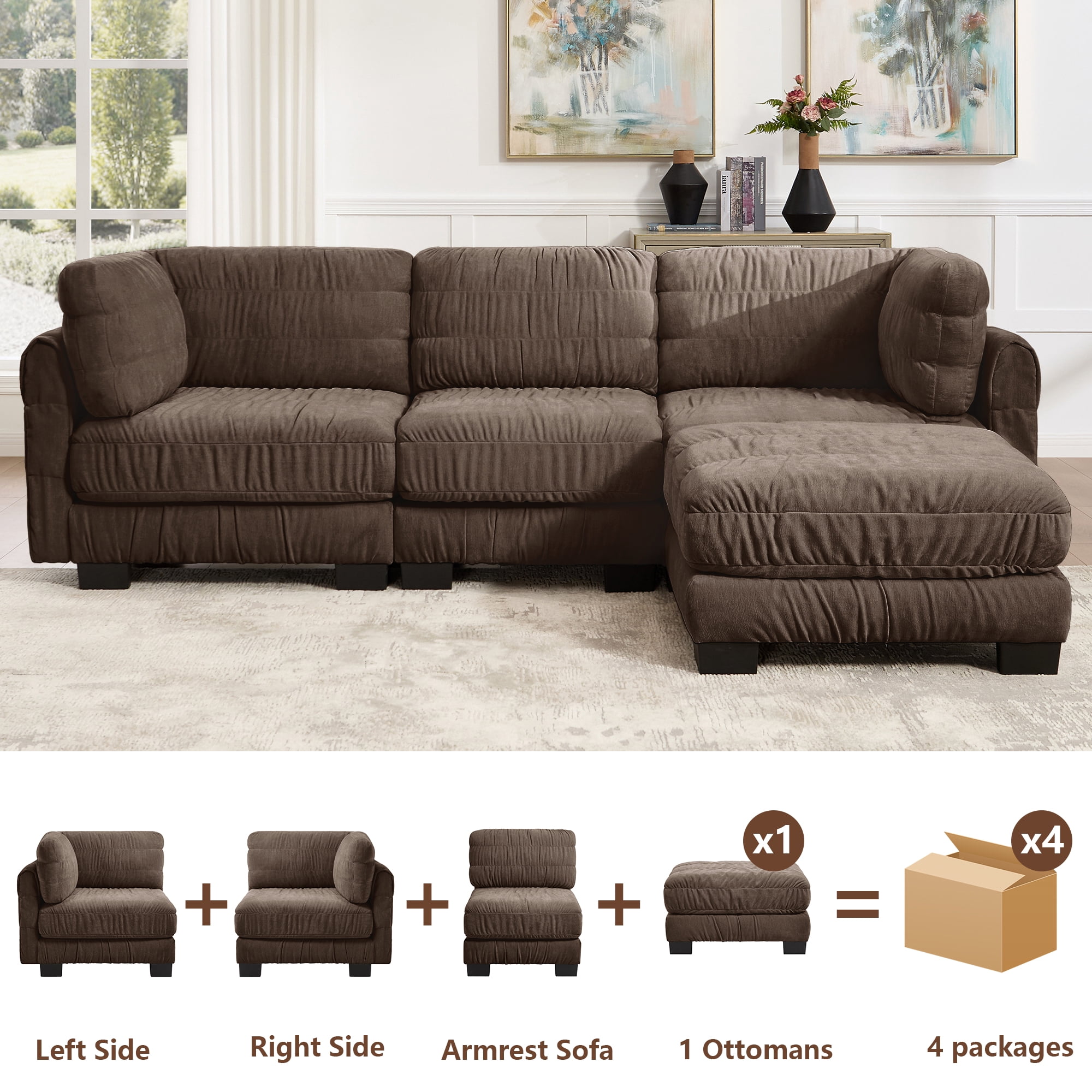 109" L Shape 3 Seat Chenille Modular Sectional Sofa with Movable Ottoman and L Shape Back Cushions