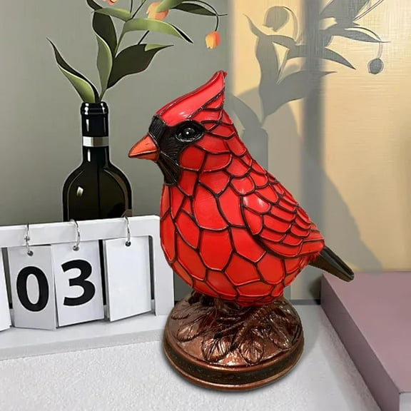 Stained Glass Style Red Cardinal Table Lamp, Vintage Resin Bird Night Light, Decorative Animal Desk Lamp for Bedroom, Living Room, Bedside & Home Decor Gift