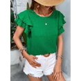 thumbnail image 3 of Womens Summer Ruffle Short Sleeve Crewneck Shirts Textured Ladies Elegant Business Blouses Dressy Casual Green Green S, 3 of 6