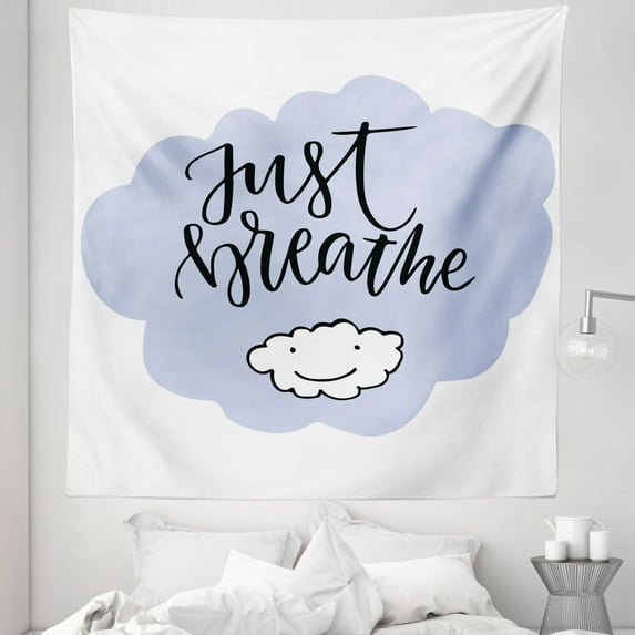Just Breathe Tapestry, Calligraphic Motivation Words with a Hand Drawn Cloud Wellness Lifestyle, Fabric Wall Hanging Decor for Bedroom Living Room Dorm, 5 Sizes, Pale Blue White, by Ambesonne