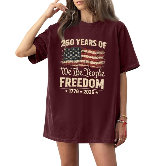 Iaqnaocc Shirts for Women 250 Anniversary Usa Shirt Retro 250th Anniversary Usa Shirt Independence Day Round Neck Anniversary Summer Independence Day 250 Anniversary Shirt Wine 2XL