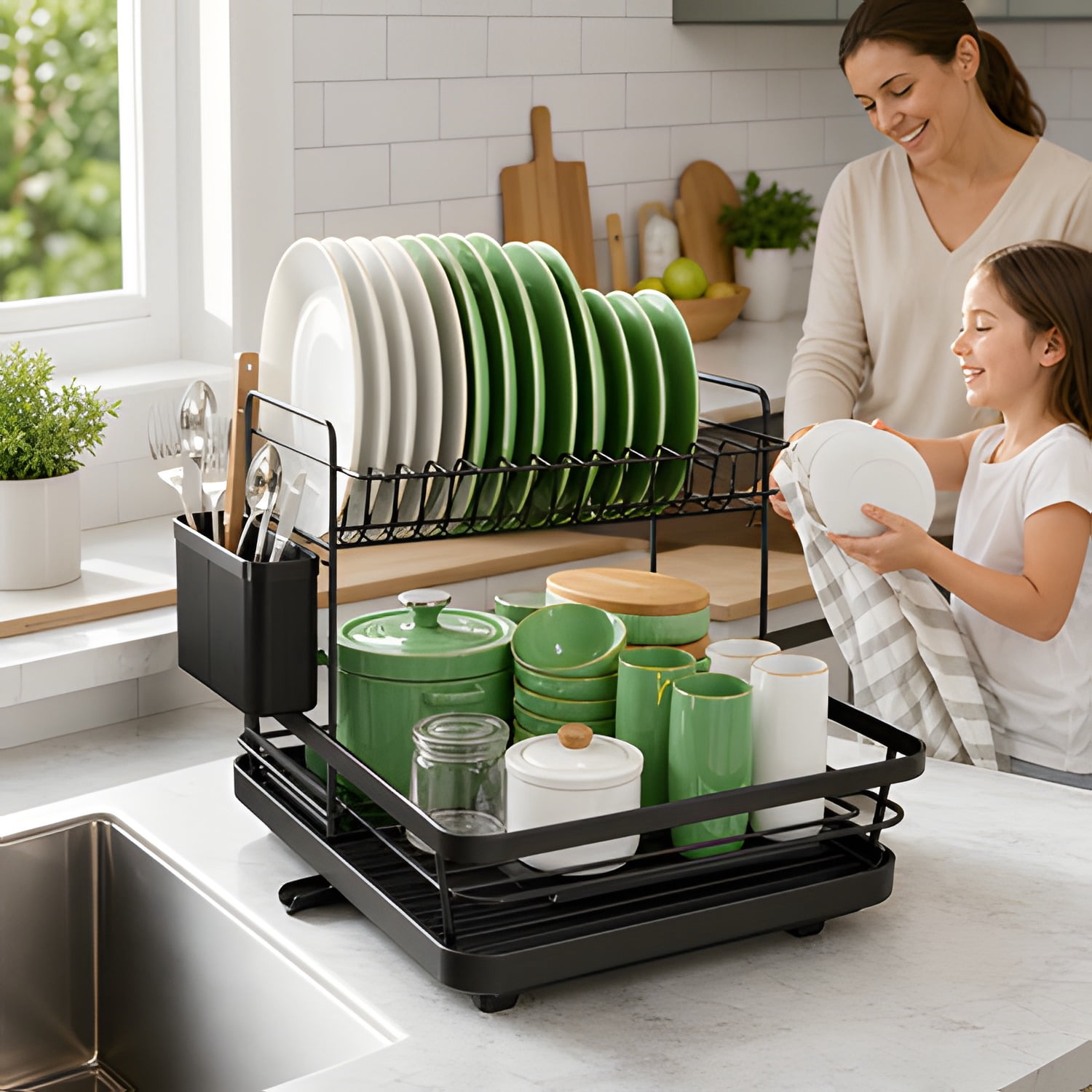 Dish Drying Rack for Kitchen Counter, Stainless Steel Sink Organization and Storage Essentials with Cutlery Holder, Home and Appartment Decor, 12"W x 15.5"L, 2 Tiers, Black
