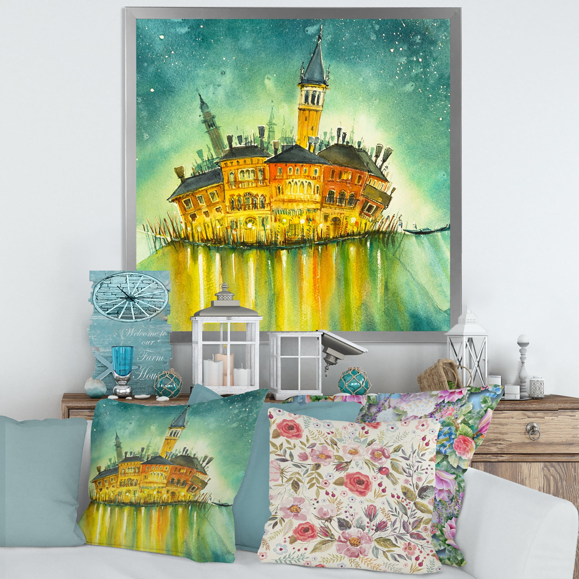 Designart 'Portrait of Idyllic Island of Venice At Night' Modern Framed Art Print