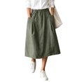 thumbnail image 2 of Women's Cotton Linen Midi Skirts Elastic Waist Front Button Solid Color A-Line Skirts Loose Causal Going Out Skirts with Pockets, L, 2 of 6