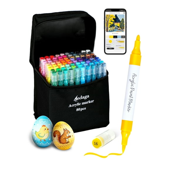 80 Colors Acrylic Paint Pens with Free App, Dual Tip Acrylic Paint Markers with Brush Tip and Fine Tip for Adults, Kids, Eggs, Wood, Rock, Canvas, Plastic, Stone, Glass, Ceramic