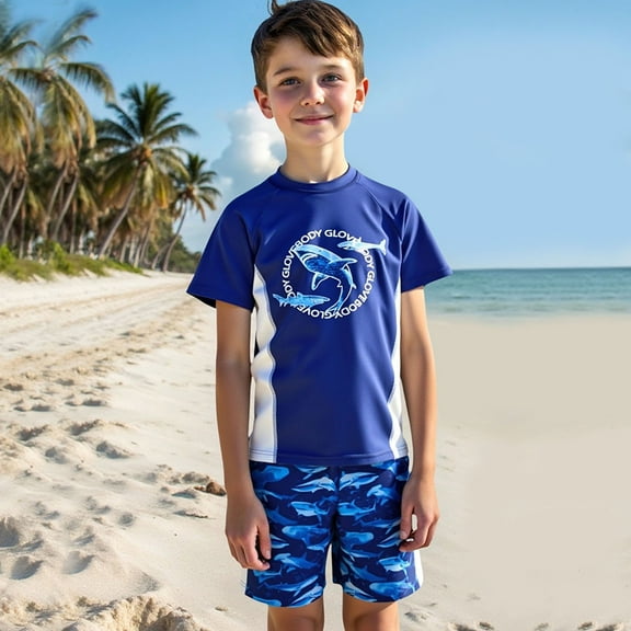 Baby Swimsuit Boy Kids Toddler Boys Quick Dry Swimwear Set Sun Protection Swim Shirt and Trunks with Cartoon Shark Print Kids Swimsuits Blue 7 Years-8 Years