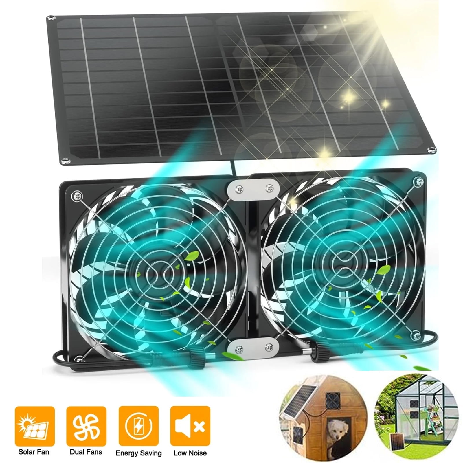 OhhGo Dual Solar Panel Fan Kit, 15W Solar Powered Exhaust Fan Cooling Fan Waterproof Cooling Ventilation, Suitable for Greenhouse Small Chicken Coops, Pet Houses, Shed, Outside